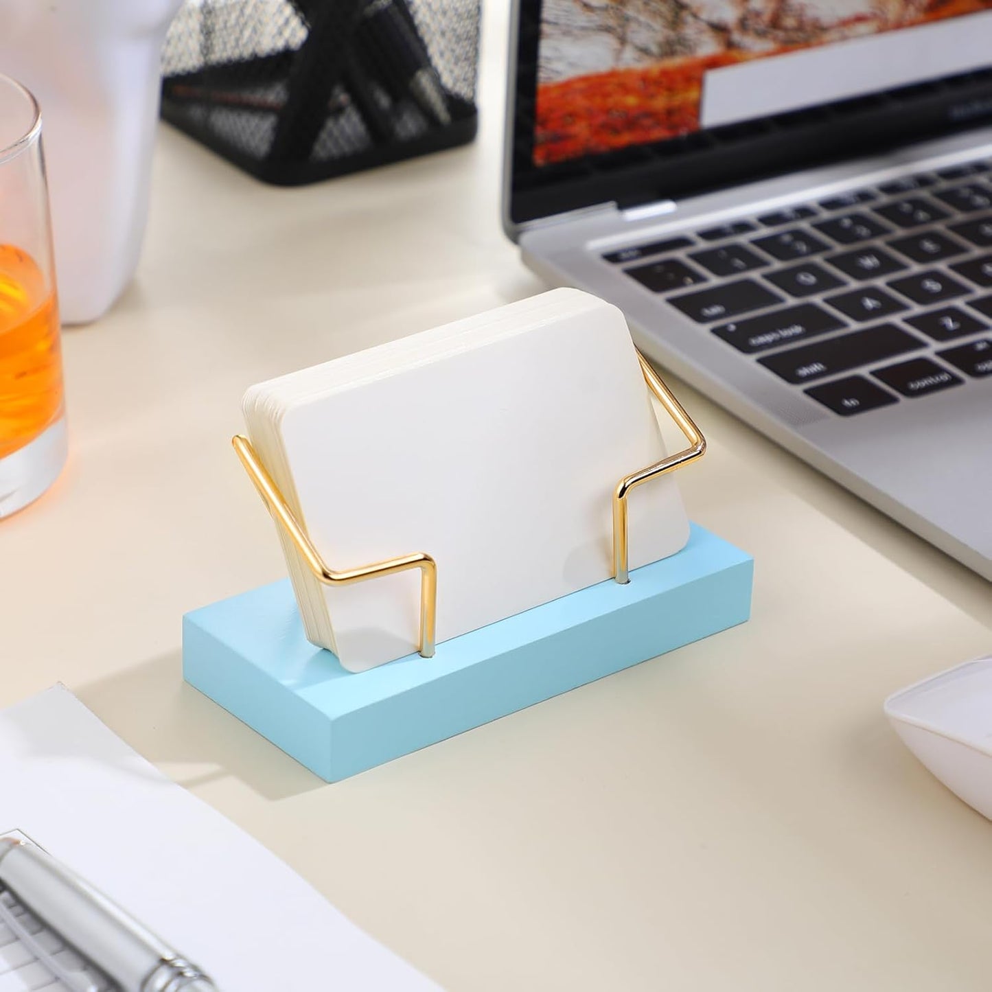 Amyhill 2 Pieces Wood Business Card Holder for Desk Wooden Business Card Display Stand Postcard Holder for Office Home Desktop (Blue Color, Gold)