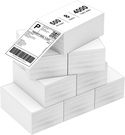 8 Stacks 4" x 6" Fanfold Direct Thermal Labels, 4000 Labels (500/Stack), Compatible with Zebra, Rollo, MUNBYN, NELKO Printers