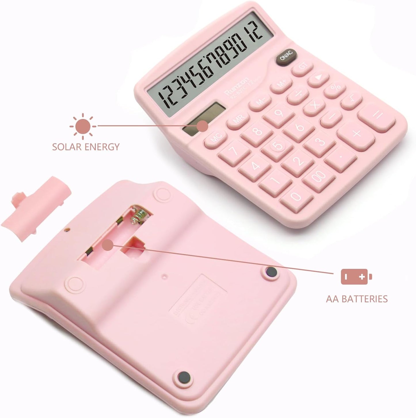 2PC Pink Calculator, Solar Battery Dual Power Calculator,Desktop Calculator 12 Digit with Large LCD Display, Pink Office Supplies with Sensitive Button, Pink Desk Accessories, School Supplies