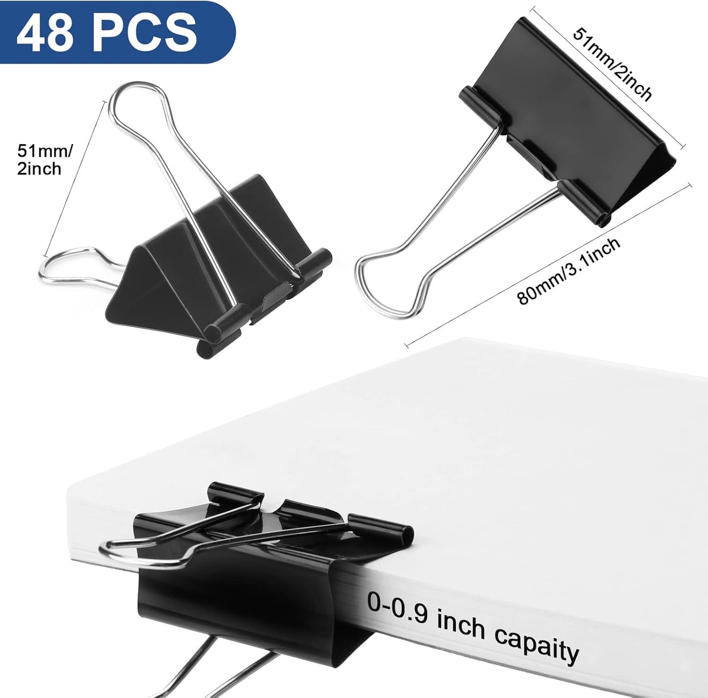 48 Pack Extra Large Binder Clips 2 Inch Paper Clip Large Binding Clip, Jumbo Paperclips Bulk, Heavy Duty Big Paperwork Clamp Black, School Teachers Office and Kitchen Home Supplies