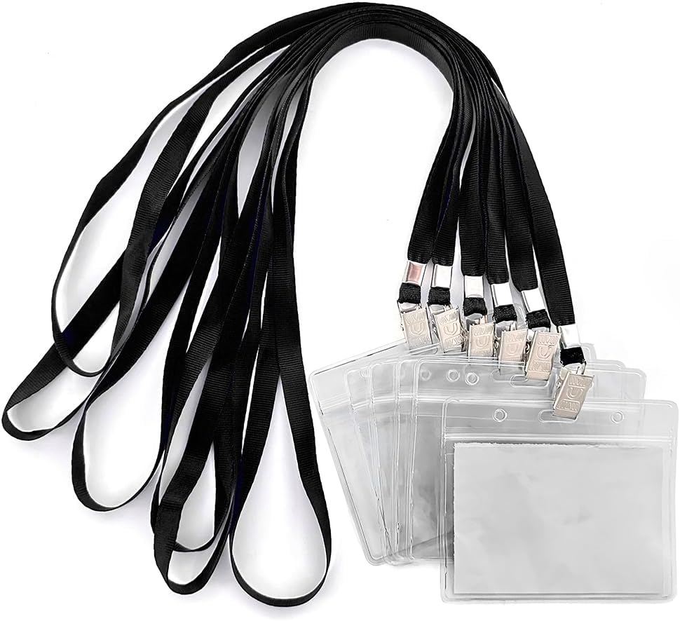 50pcs Clear Badge Holder with Lanyard Waterproof Type Clear ID Badge Holder with Lanyards for Name Tags ID Card (Black, Horizontal)