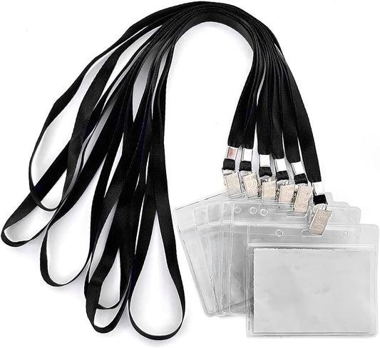 50pcs Clear Badge Holder with Lanyard Waterproof Type Clear ID Badge Holder with Lanyards for Name Tags ID Card (Black, Horizontal)