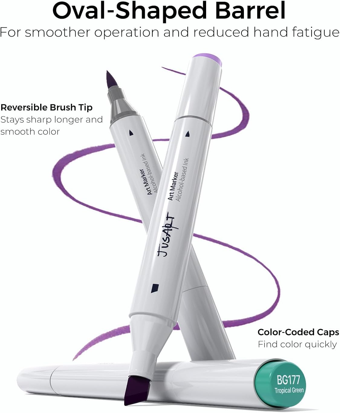 JusArt Alcohol Brush Markers, 48 Colors Dual Tip Art Markers with Brush & Chisel, Alcohol Based Marker Set for Adult Coloring Books, Drawing, Illustration, Sketching, No Bleed Ink Art Supplies