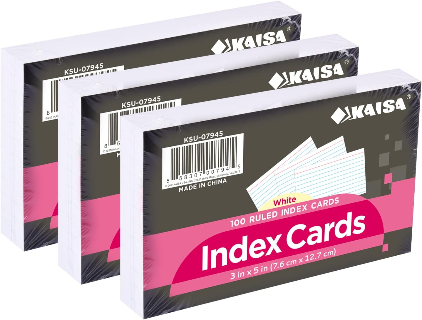 KAISA 3x5 Index Cards Flashcards 3 x 5 White Index Card Lined Ruled Note Cards Study Flash Cards Notecards 100 Sheets (Total 300 Count), KSU-07945