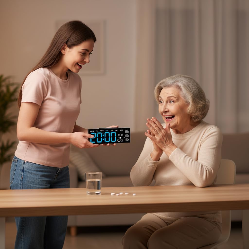 8 Inch LED Digital Desk Clock with Medication Reminders – Large Display with Time, Date, Day, Temperature, Triple Pill Alerts, Dual Alarm, Silent Clock for Home and Office,Blue