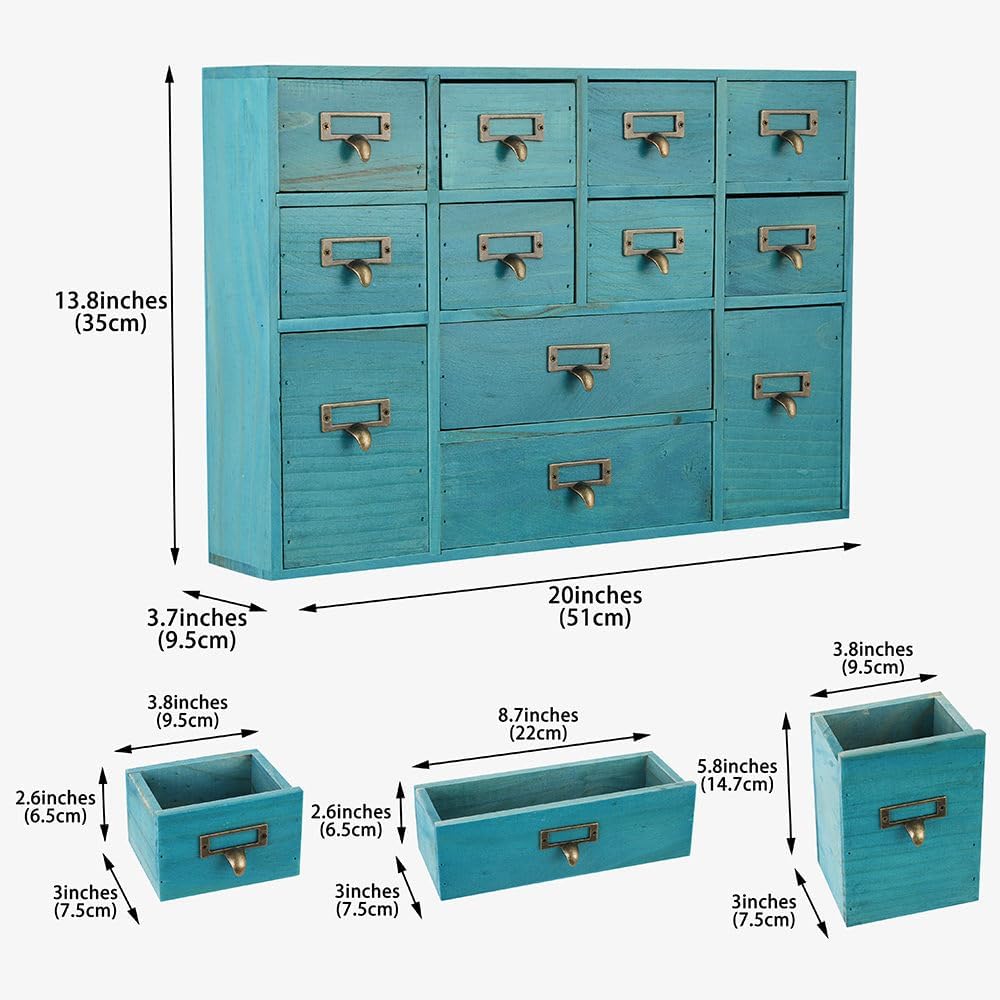 12 Drawers Apothecary Cabinet with Drawers Tabletop Apothecary Drawers Library Card Catalog Cabinet Medicine Cabinets Wood Desk Organizer Wooden Storage Box (Blue)