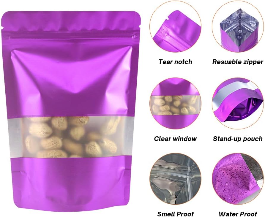 4CP 100 Pcs Zipper Smell Proof Bags with Window, 3.5x5.0 Inch Stand Up Foil Pouches for Food Selfsealing Storage, Reusable Bag for Packaging Small Business, Cookies, Nunt, Candy Purple