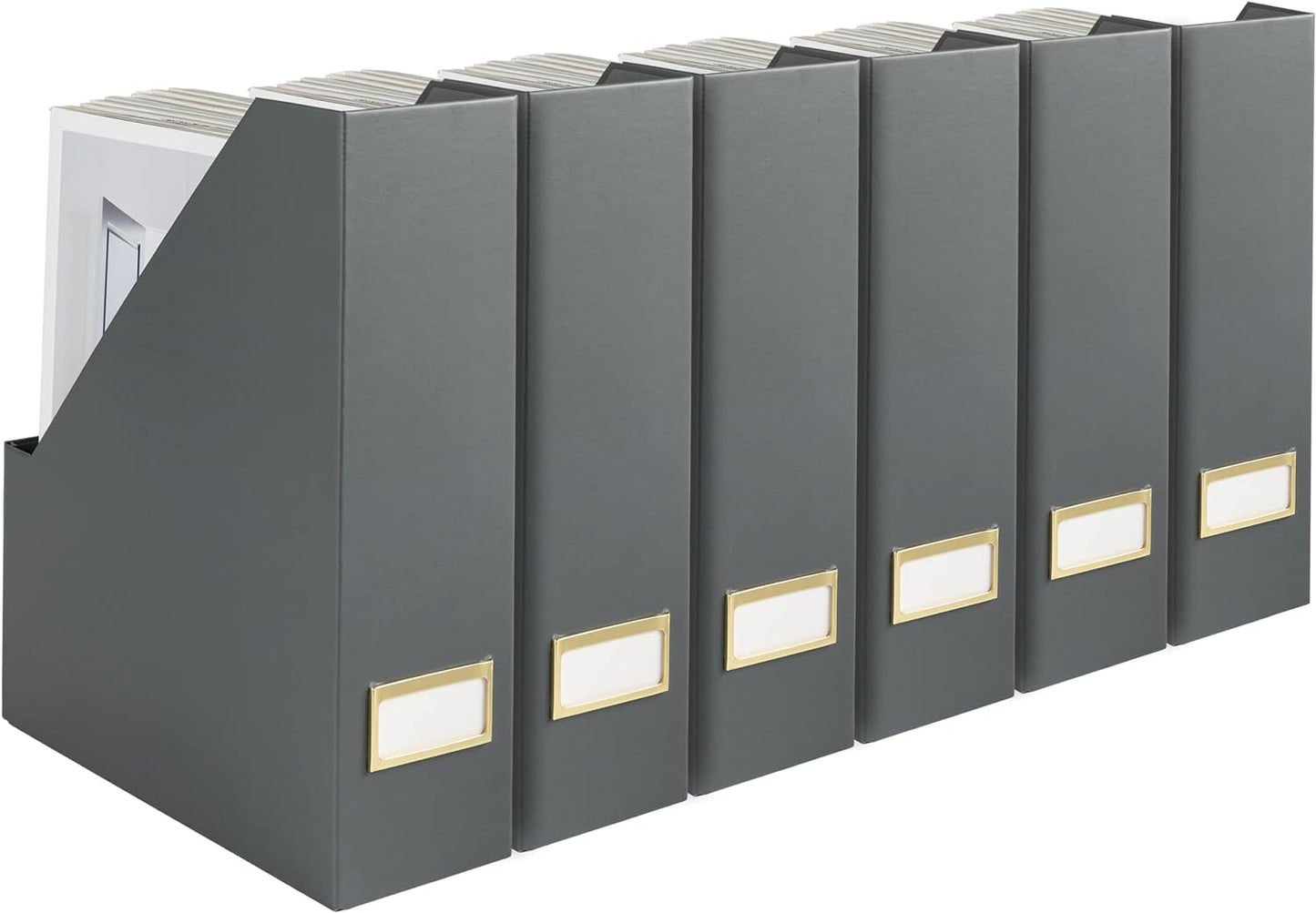 BLU MONACO Set of 6 Foldable Grey Magazine Holders with Gold Label Holders – Stylish File Boxes for Home Office Desktop, Bookshelf, or Classroom Organization