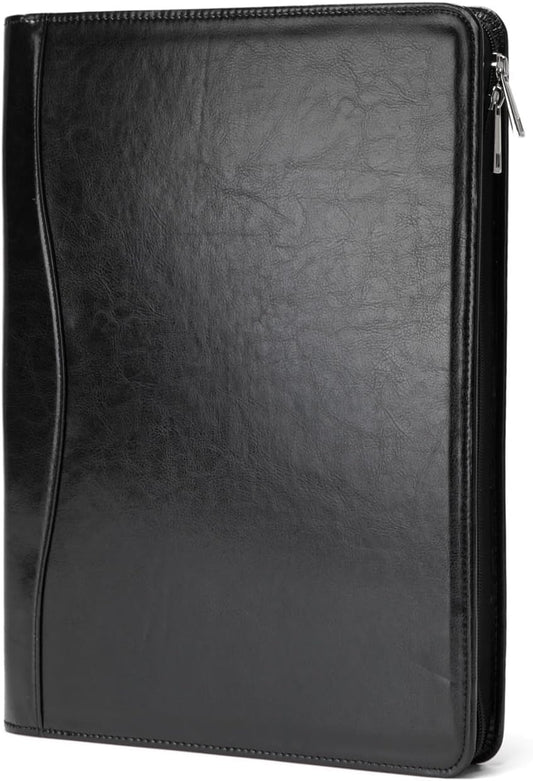 Vegan Leather Portfolio, Legal Size 8.5 x 14 Pad Holder, Business Padfolio for Men and Women, Zippered Laptop Organizer, Executive Professional Work Travel Notepad Folio, Black