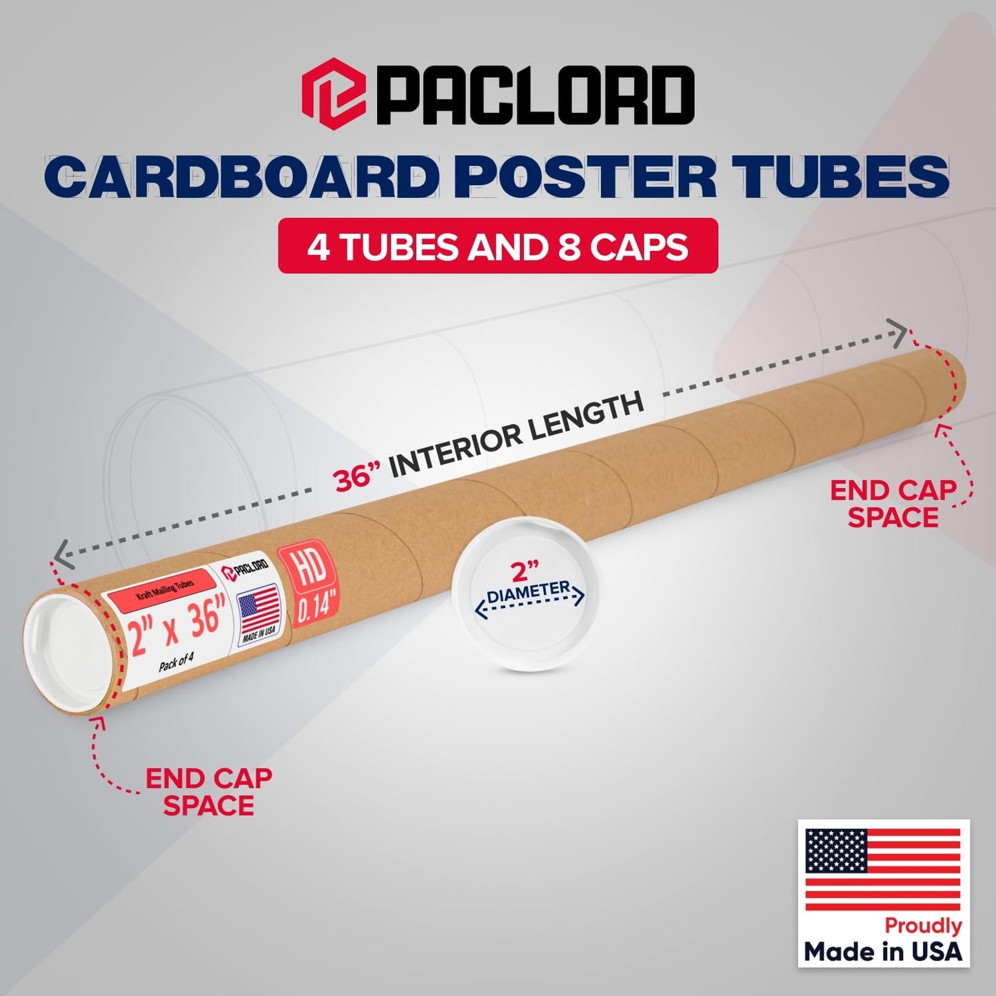 2" x 36" Heavy-Duty Reinforced Cardboard Mailing Tube, Pack of 4 Tubes with 8 Caps – Secure USPS Approved – Great for Shipping and Storing of Prints, Artwork, Posters or Documents