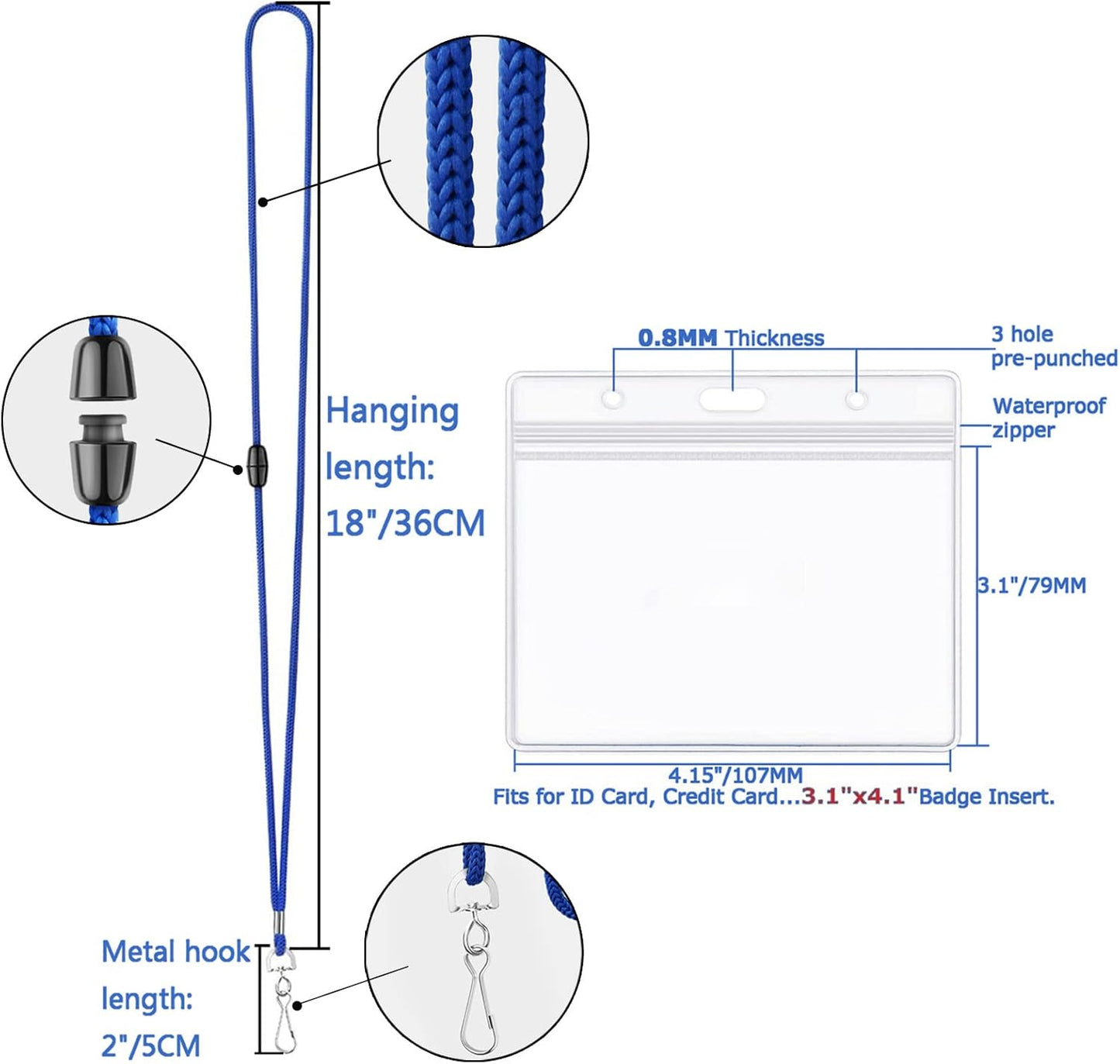 Badge Holder with Breakaway Lanyards, 100 Pack Clear Plastic Horizontal Name Tag Holder with Safety Lanyard Heavy Duty Waterproof Resealable Zip PVC ID Card Holders (Blue, 4x3 Inch)