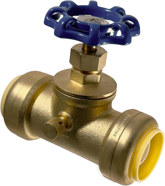 1 inch Push Fit Stop Valve with Drain and Vent, Push to Connect Brass Plumbing Fitting, Pex Pipe, Copper, CPVC, PE-RT, HDPE, 2-5-3=10, 10 Pieces