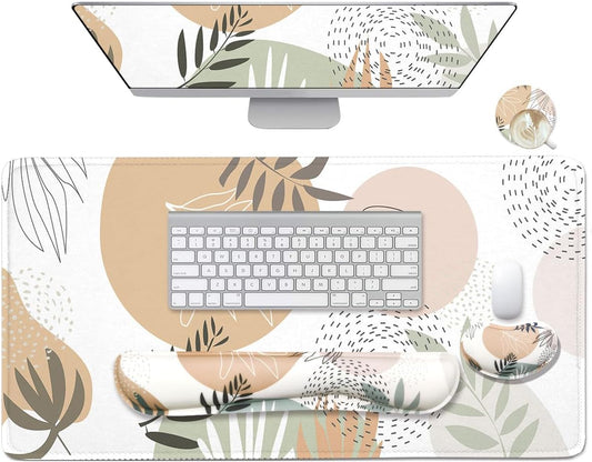 4-in-1 Large Mouse Pad, Keyboard Wrist Rest Pad & Wrist Support Mousepad Set, Extended Desk Pad Waterproof Desk Mat for Home Office Study Game - Leave