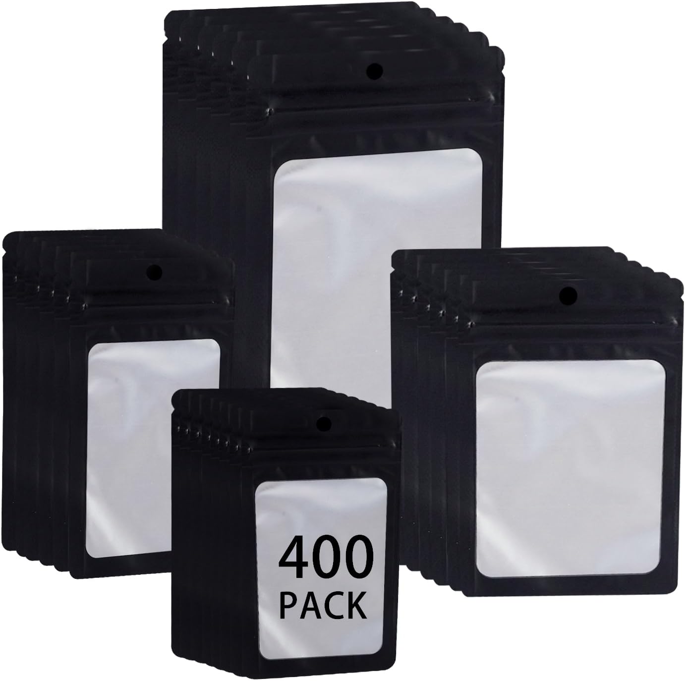 400 Pack 4 Sizes Resealable Mylar Holographic Bags Food Storage Smell Proof Bags with Front Window, Zipper Foil Packaging Pouch for Sample Jewelry Small Business (Black,3x4.7,3.1x5.5,4x 6,4.7x 7.9in)