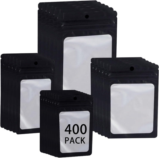 400 Pack 4 Sizes Resealable Mylar Holographic Bags Food Storage Smell Proof Bags with Front Window, Zipper Foil Packaging Pouch for Sample Jewelry Small Business (Black,3x4.7,3.1x5.5,4x 6,4.7x 7.9in)