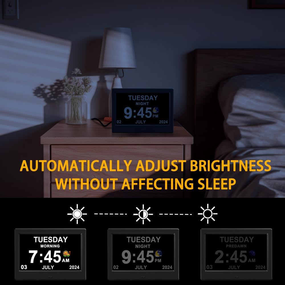 Alarm Clock with Day and Date for Elderly Digital Calendar Clock Photo Frame- Auto Dimmable Display 15 Alarm Options (7inch Black)