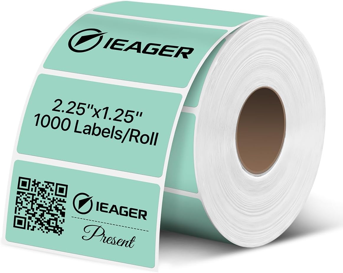 iEager 2.25x1.25 Inch Thermal Labels, Green Durable Thermal Printer Stickers, Self-Adhesive Rectangle Shipping Label Printer Sticker for Barcode, Name, Address, 1000 Labels/Roll