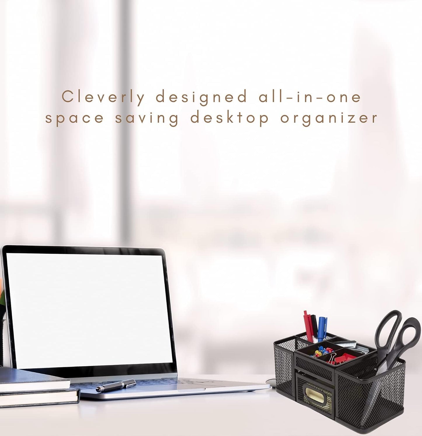 1InTheOffice Desk Supplies Organizer, Desk Caddy 7-Compartment Wire Mesh Accessory Holder, Matte Black