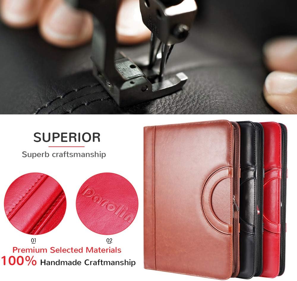 Darolin Zippered Leather Padfolio Portfolio with [Hidden Handle] and [Clipboard], Business Conference Portfolio Organizer Notepad Folder, Padfolio for Women/Men (Red)