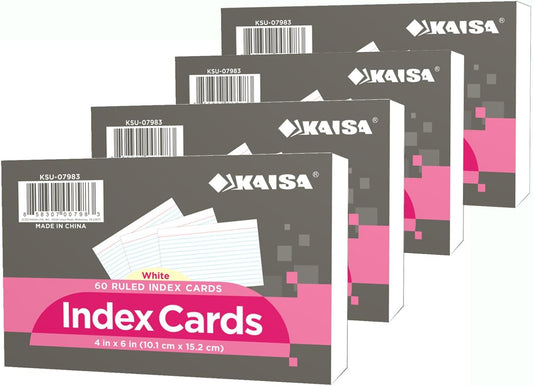 KAISA 4x6 Index Cards Flashcards 4"x6" Note Cards Ruled Index Card Lined Notecards, White 60 Sheet 4 Packs, KSU-07983