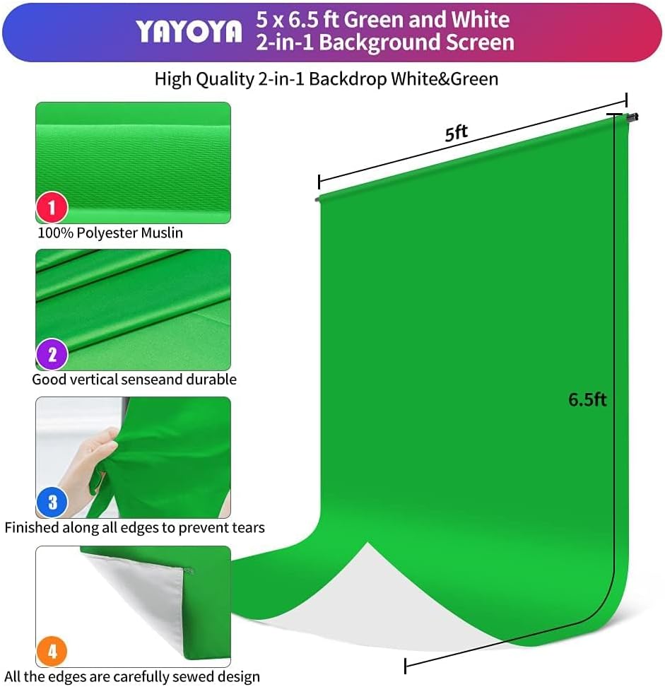 2-in-1 White Green Screen Backdrop Stand Kit, 5x6.5 ft Greenscreen Background with Stand for Streaming, Zoom, Photography with Clips & Carrying Bag