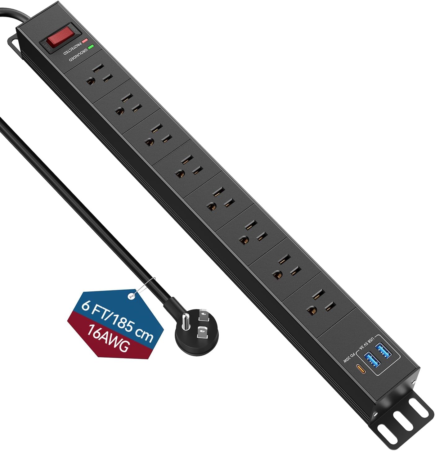 8 Outlet Heavy Duty Power Strip with USB PD 20W, BTU Surge Protector 6FT Cord Long Power Strip with USB A & USB C, Wide Spaced and Wall Mount Metal Powerstrip for Home Office Garage Workshop