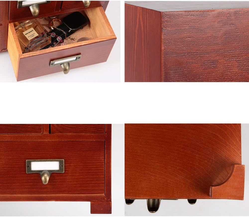 Apothecary Drawers Wooden Apothecary Cabinet with Drawers & Labels Rustic Library Card Catalog Cabinet Wooden Storage Box Desktop Organizer Herbal、Tea Bag、Jewelry Storage(Brown)