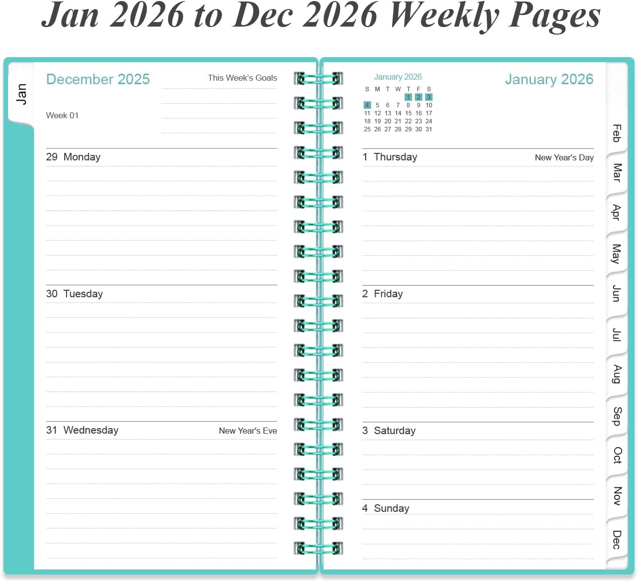 2026 Pocket Planner/Calendar - 2026 Planner from January 2026 - December 2026, Planner 2026 with 12 Tabs, Twin-Wire Binding, Inner Pocket, 3.75" x 6.75, Teal
