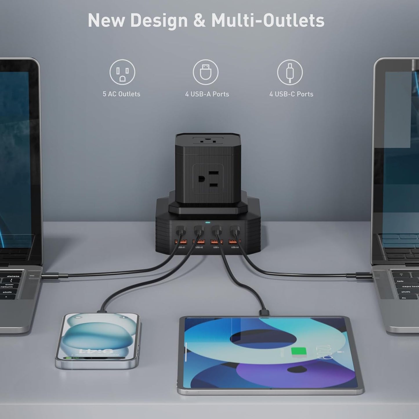 100W USB C Charging Station 13-in-1 Surge Protector Power Strip with 4 PD USB-C & 4 USB-A Ports, Adapt to MacBook Pro/Air, iPhone 15/14, iPad, and Multi-Device Office and Home Chargers