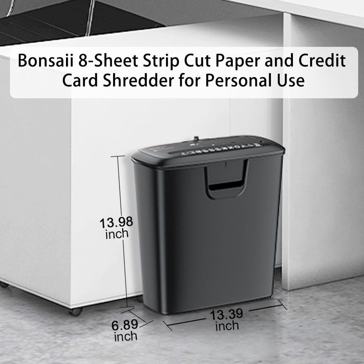 Bonsaii 8-Sheet Strip-Cut Shredder for Home – Compact Home Office Paper Shredder with Overheat Protection, Capable of Shredding CDs and Credit Cards, Includes a 3.4-Gallon Waste Bin