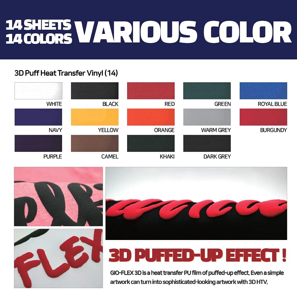 3D Puff Vinyl Heat Transfer 10" x 12" - 14 Sheets Foaming HTV Assorted Colors Bundle/Variety Pack, Adhesive Vinyl, Iron-On Transfer, Heat Press with Cricut Silhouette Cameo