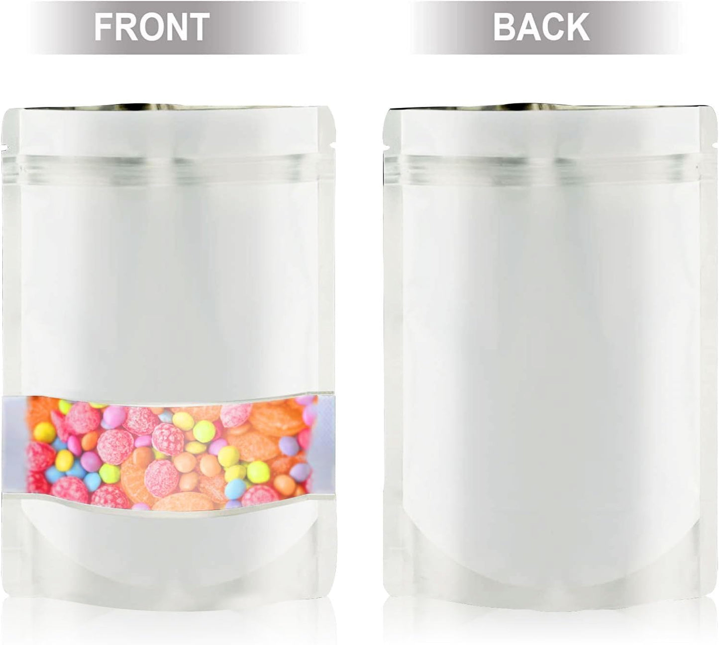 5.9"x8.6" 120pcs Mylar Bags for Food Storage,Smell Proof Bag with Matte Window Resealable Food Storage Bags for Small Business, Stand-up Foil Pouch Packaging Freeze Dried Candy Bag（White）