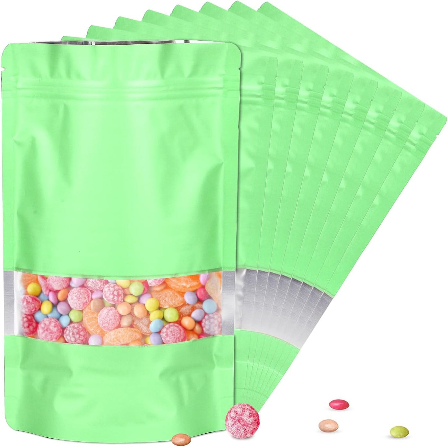 7.1"x10.2" 1 Quart 120pcs Mylar Bags for Food Storage,Smell Proof Bag with Matte Window Resealable Food Storage Bags for Small Business, Stand-up Foil Pouch Packaging Freeze Dried Bag(Light Green)
