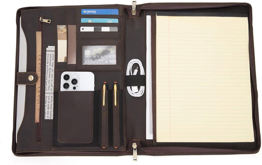 Genuine Leather Portfolio for Women and Men, 8.5 x 11 Legal Pad Padfolio, Zippered Notebook Organizer for 13” Laptop, Business Executive Professional Folio for Work, Dark Khaki