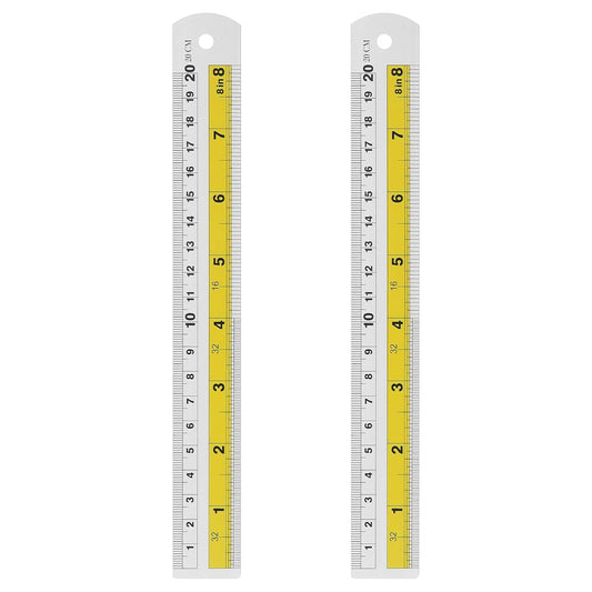 HARFINGTON 2pcs Metal Straight Ruler 20cm Metric SAE Aluminum Alloy Measuring Rulers Scale Tool with Hole for Measure Study Reading Classroom Office, Yellow