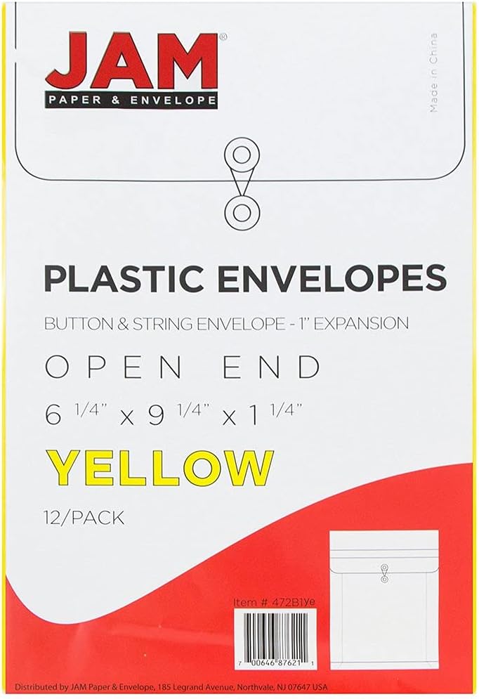 JAM PAPER Plastic Envelopes with Button & String Tie Closure - 6 1/4 x 9 1/4 - Yellow - 12/Pack