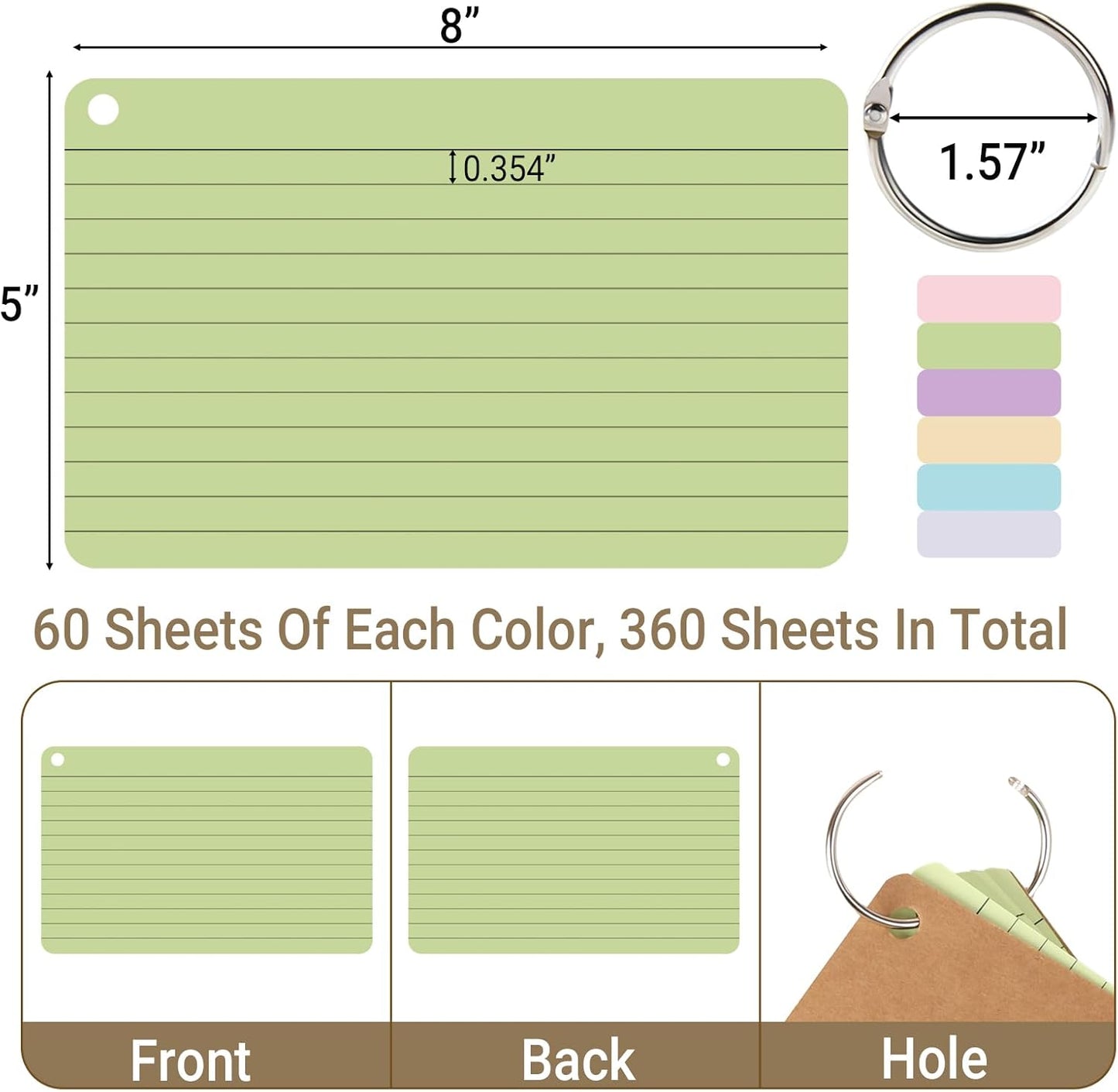 6 Pack 360 Pcs Lined Index Cards 5 x 8 Inches, Assorted Colored Flash Cards with Ring, Lined Note Cards Study Flashcards for School, Office, College
