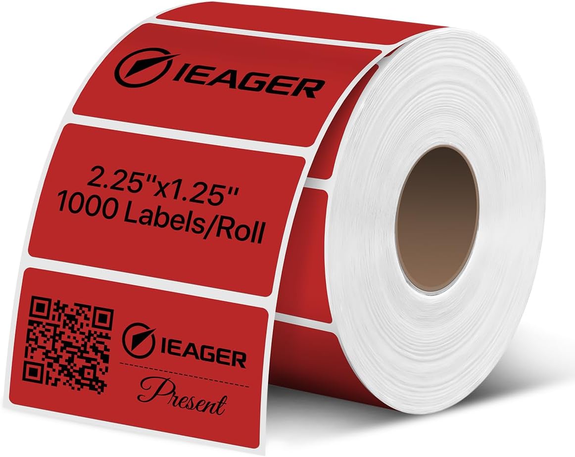 iEager 2.25x1.25 Inch Thermal Labels, Red Durable Thermal Printer Stickers, Self-Adhesive Rectangle Shipping Label Printer Sticker for Barcode, Name, Address, 1000 Labels/Roll