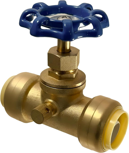 3/4 inch Push Fit Stop Valve with Drain and Vent, Push to Connect Brass Plumbing Fitting, Pex Pipe, Copper, CPVC, PE-RT, HDPE, 2-5-2=1, 1 Piece