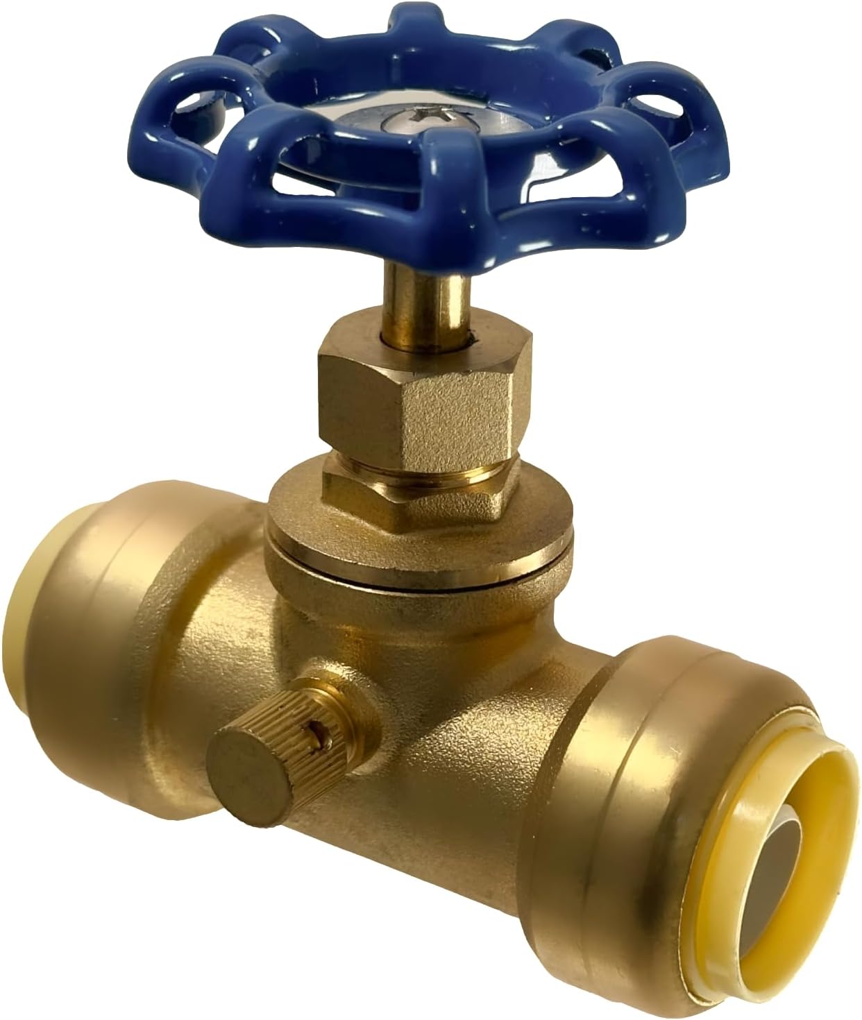 3/4 inch Push Fit Stop Valve with Drain and Vent, Push to Connect Brass Plumbing Fitting, Pex Pipe, Copper, CPVC, PE-RT, HDPE, 2-5-2=2, 2 Pieces