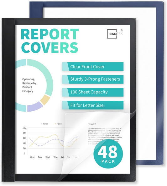 Binditek 48 Pack Clear Front Report Covers with 3 Prongs, 100-Sheet Capacity, Plastic Report Folder, with 3 Metal Fasteners, for Letter Size, Black and Navy, Office Supplies