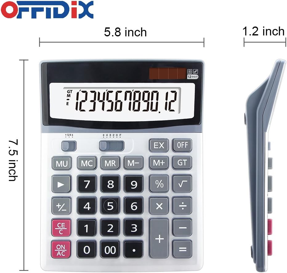 OFFIDIX Large Key Dual Power Electronic Calculator, Portable 12 Digit Large LCD Display Desk Calculator for Daily and Basic Office