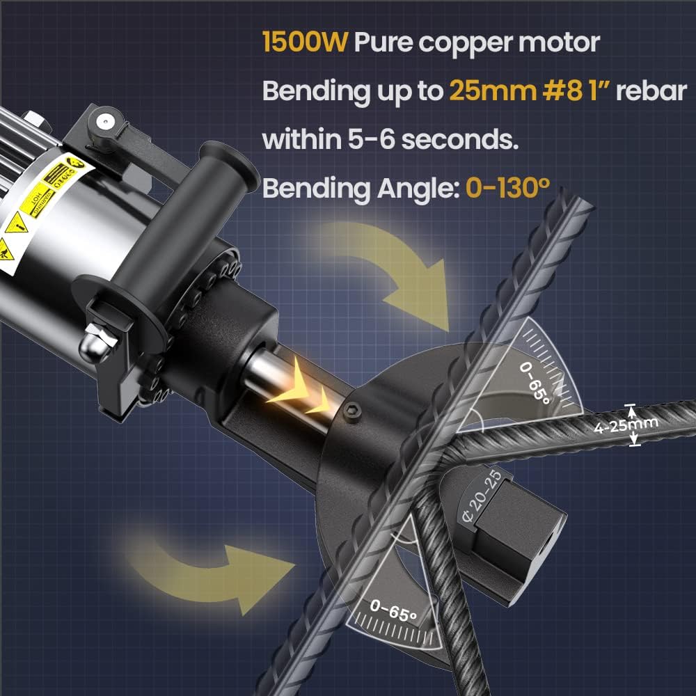 Anbull 1500W Electric Rebar Bender,Hydraulic Rebar Bending Machine Bending up to 1 Inch #8 25mm Rebar with an Extra Set of 10-18mm #3 - #6 Rebar Bending Head, Bending Angle 90 Degrees or Greater