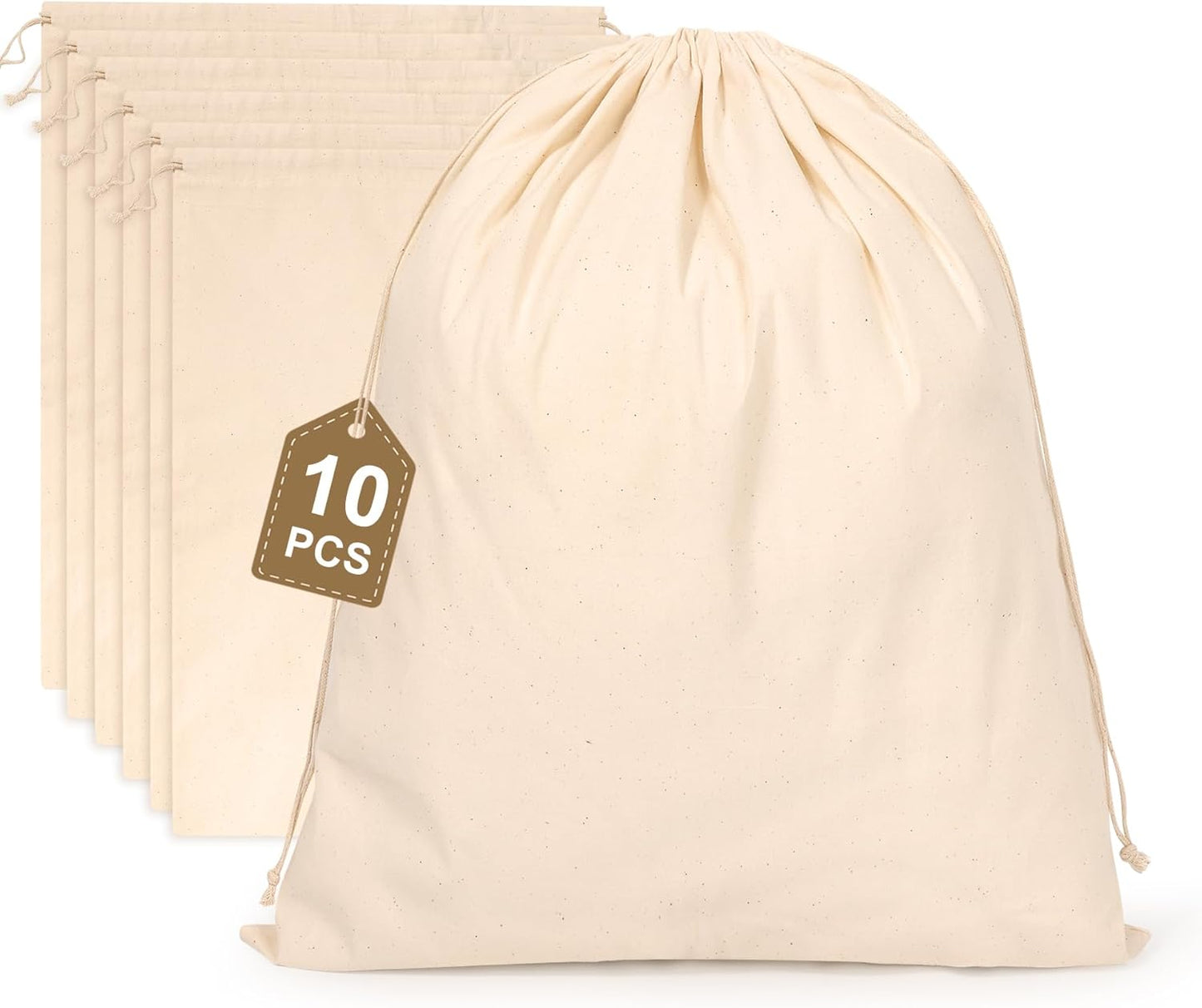10PCS Cotton Storage Bags with Drawstrings, X-Large 14x17inch Multipurpose Canvas Fabric Bread Bags, Reusable Muslin Bulk Flour Sack Bags, Natural Potato Onion Storage Bags, Cloth Shoe Bags