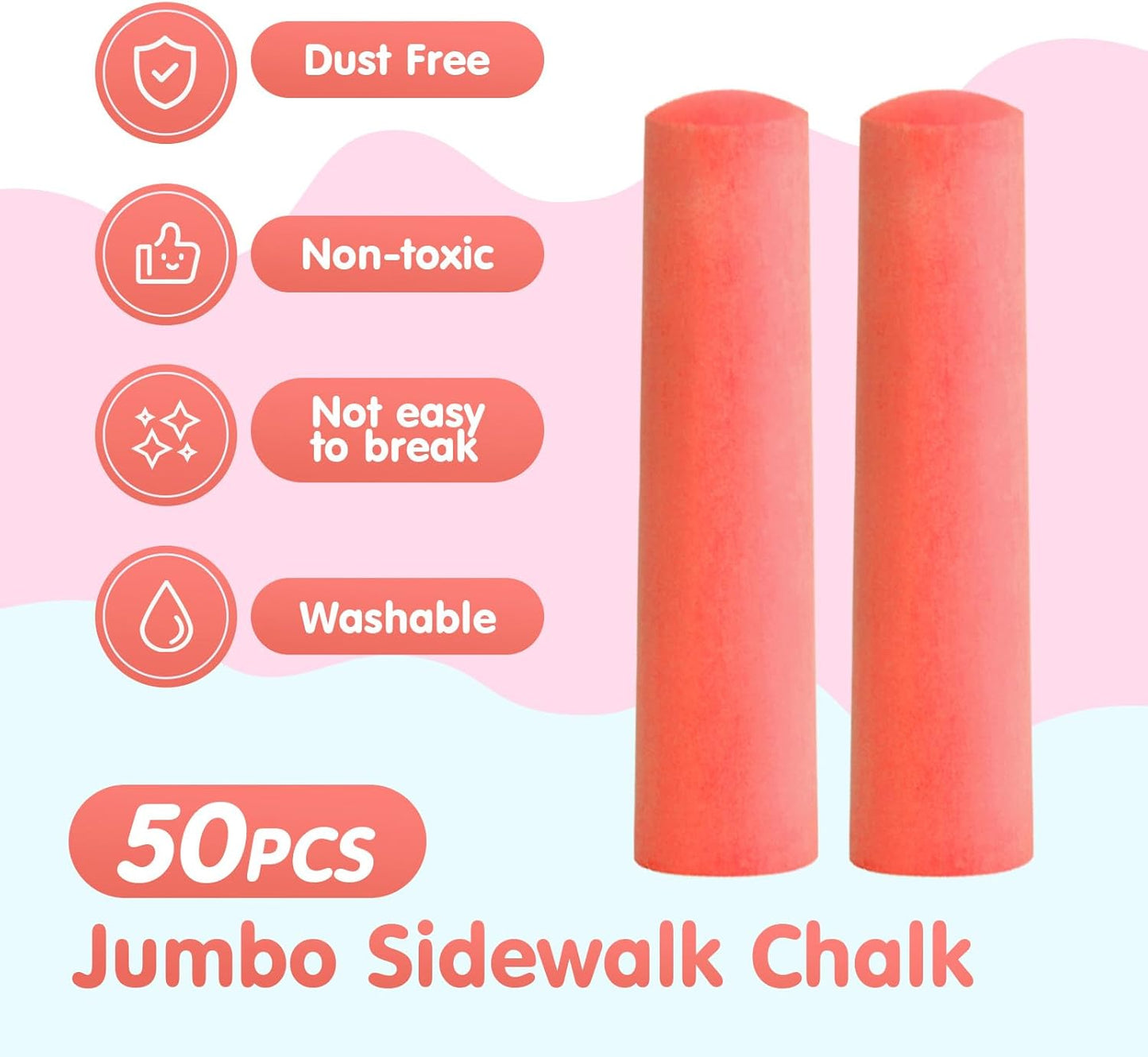 50 Pack Washable Sidewalk Chalks for Kids Non-Toxic Jumbo Chalk for Outdoor Art Play, Colored Chalk for Painting on Chalkboard, Blackboard and Playground(Orange Red)