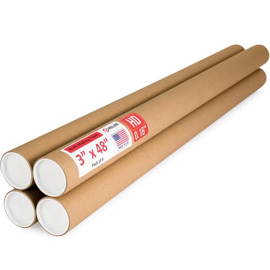 3" x 48" Heavy-Duty Reinforced Cardboard Mailing Tube, Pack of 4 Tubes with 8 Caps – Secure USPS Approved – Great for Shipping and Storing of Prints, Artwork, Posters or Documents