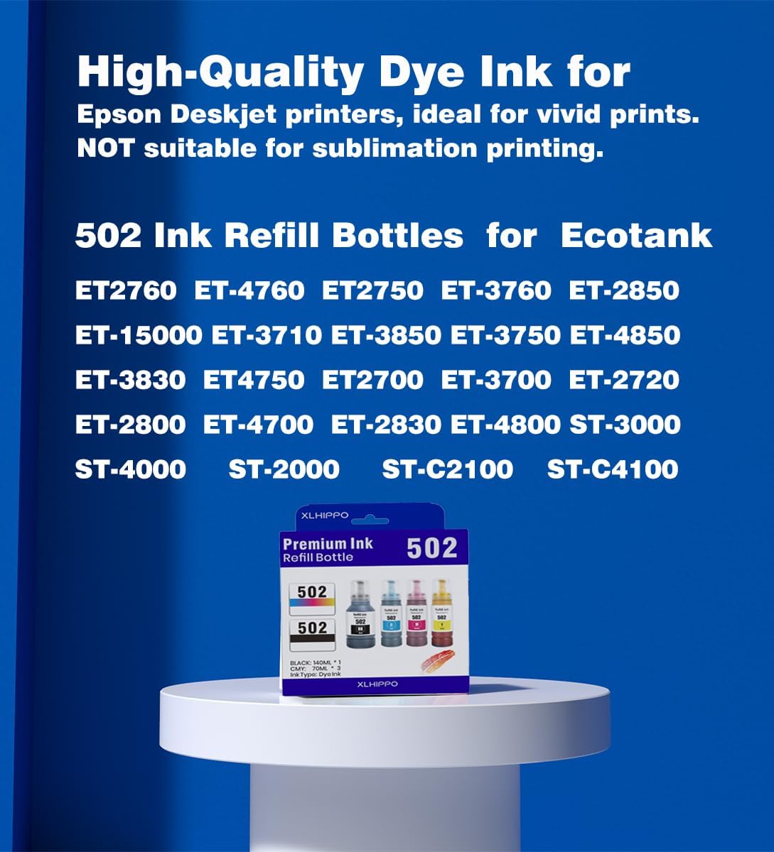 502 Ink Refill Bottle for ET-2850 ET-3850 ET-15000 ET-4850 502 Black Color Ink Compatible for Ecotank ET 2850 ET 3850 ET15000 ET-2760 ET-4760 ET 4850 ET-3830 ET-3843 2750 4750 Printer