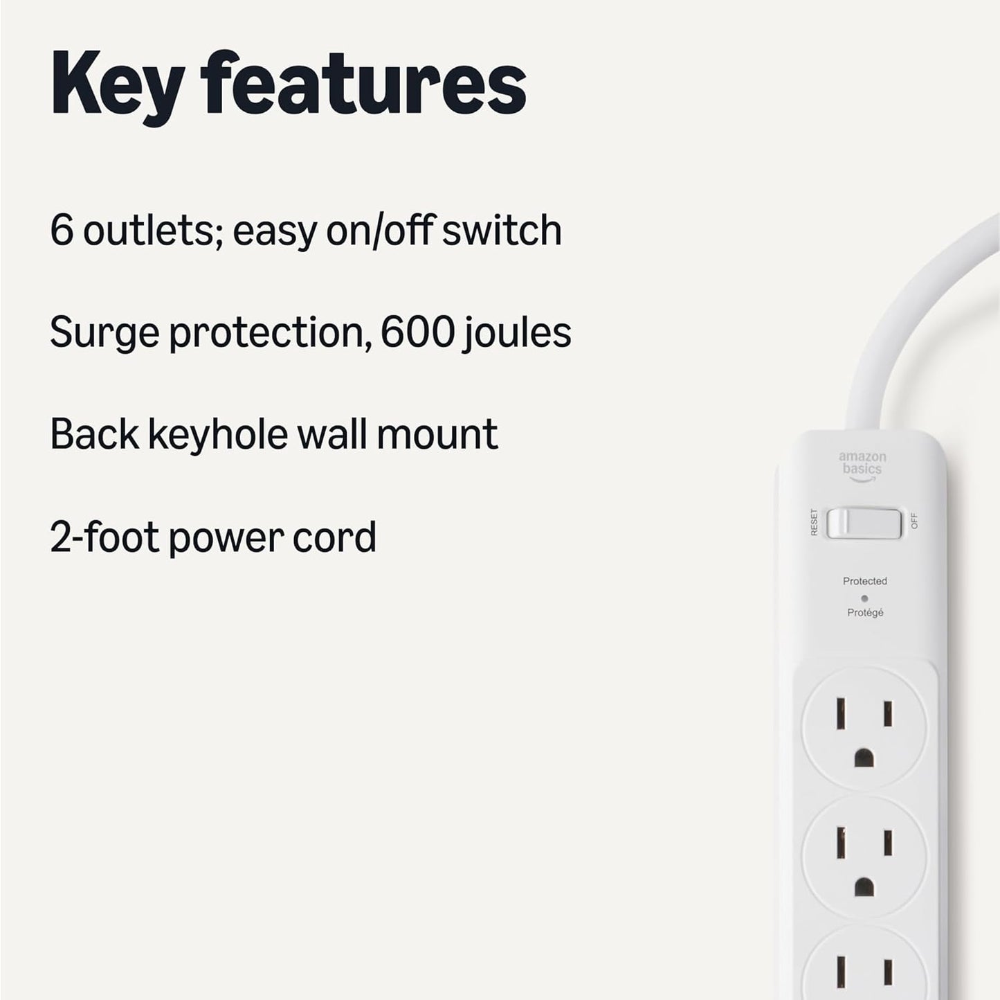 Amazon Basics Rectangle 6-Outlet, 600 Joule Surge Protector Power Strip, 2ft, Small, White, 2-Pack