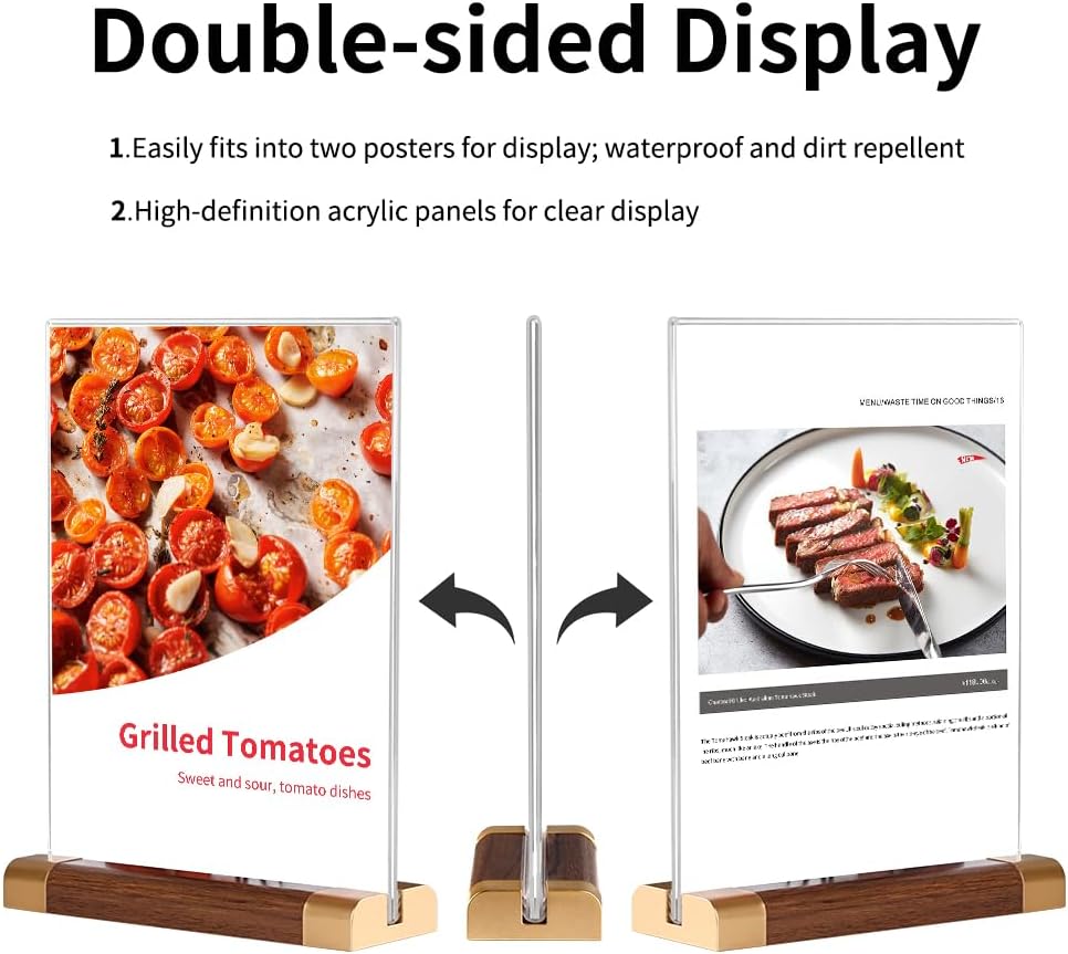 Acrylic Sign Holder 4"x 6" with Wood-Color Base, Mini Tabletop Double-Sided Display Sign Frame Vertical Clear for Store/Coffee Shop/Restaurant Menu Hotel/Office Display Holder, 3 Pack T Shape