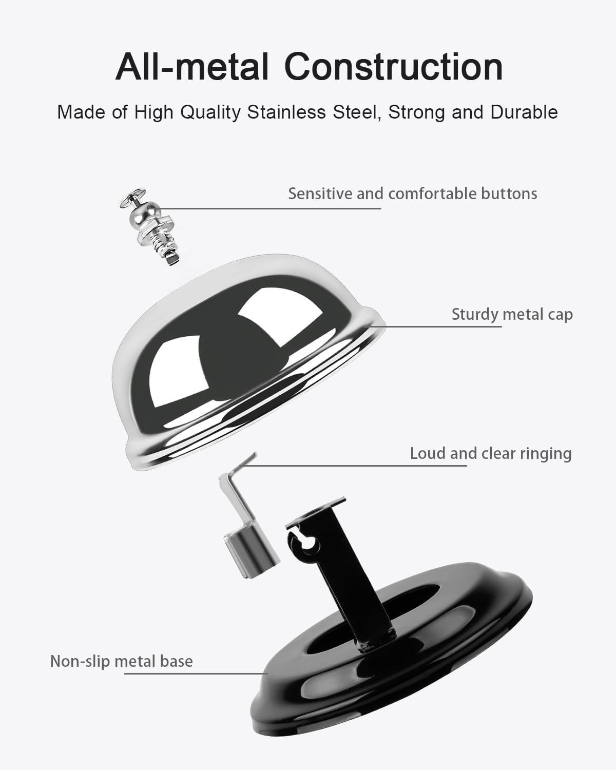 Bell for Desk – Loud & Clear Call Bell with Matte Anti-Rust Steel, Small 3.35" Footprint, Durable Design for Office, Reception, Classroom, and Hotel Use